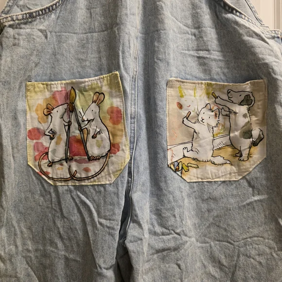 Light Wash Denim Overalls with Whimsical Patch Art - Picture 4 of 8